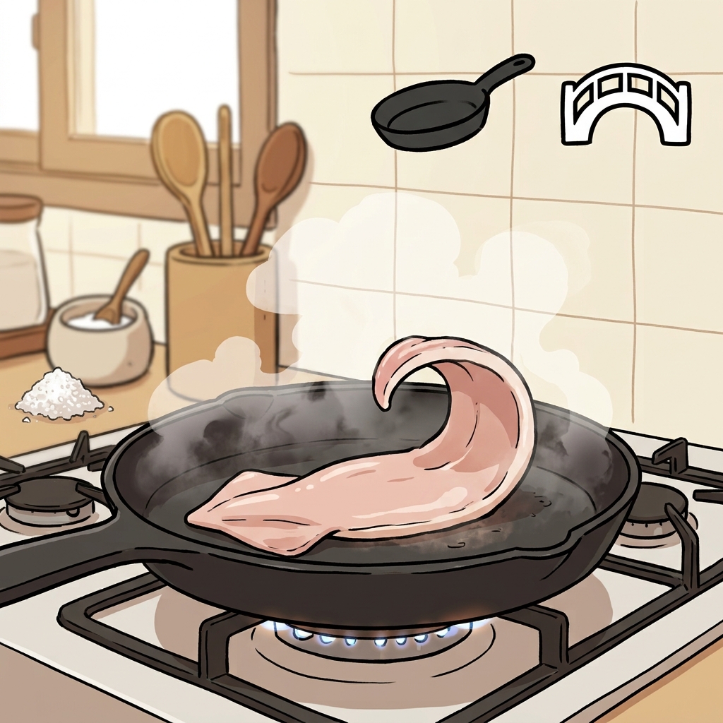 P(팬) + ARCH(아치) — 뜨거운 팬(P) 위에서 오징어를 굽자 수분이 날아가며(parch) 아치(ARCH) 모양으로 둥글게 휘었다.
