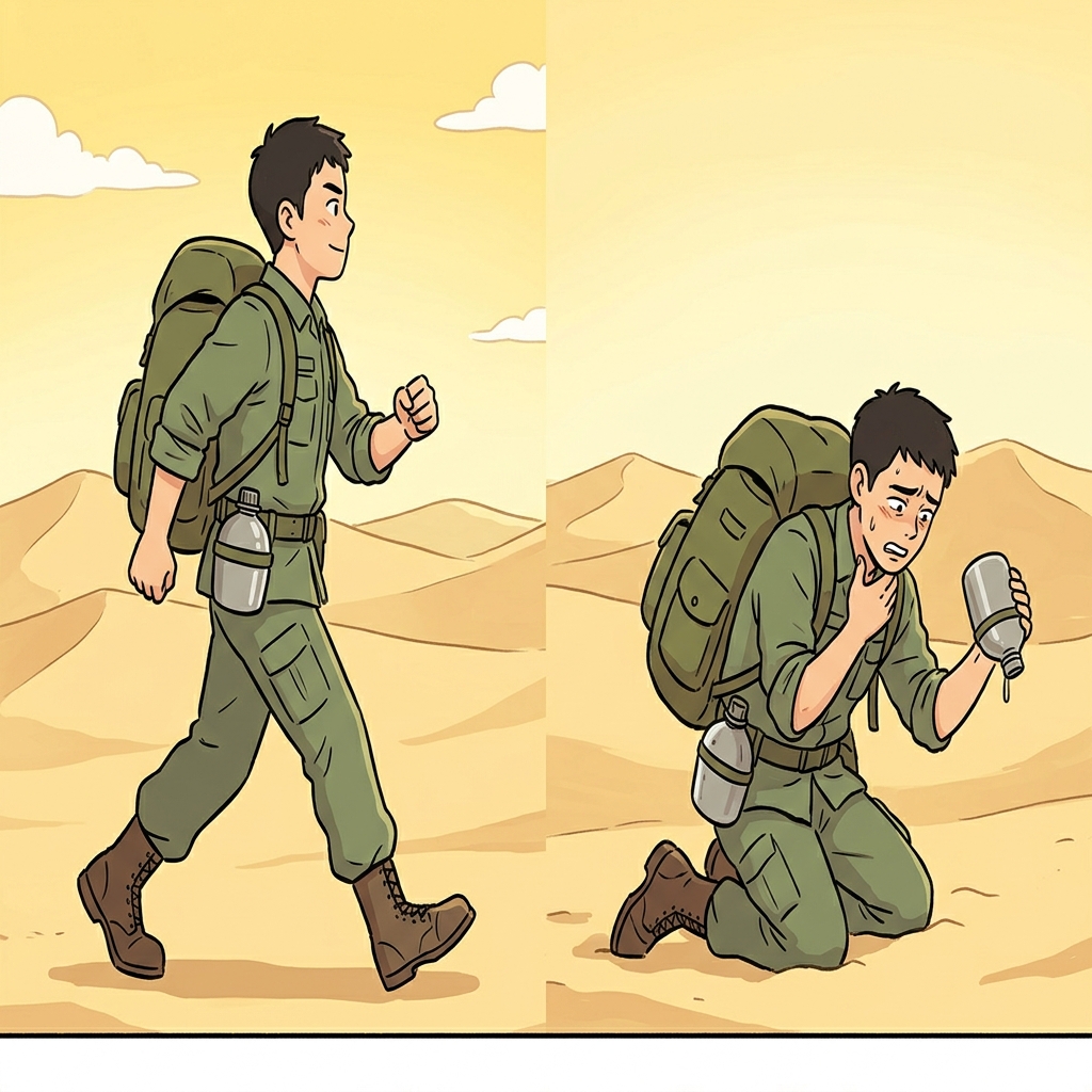 사막에서의 기나긴 행진(march) 후, 태양은 그의 목을 바싹 마르게(parch) 했다.