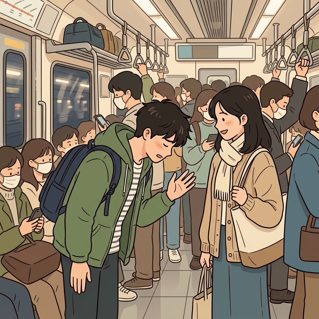그는 실수로 그녀의 발을 밟은 뒤 "실례합니다."라고 사과했다.