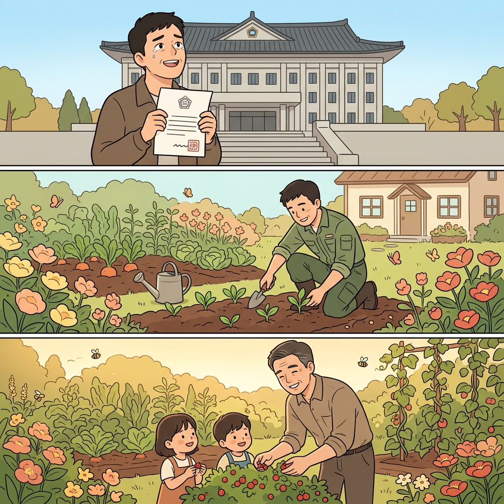 사면을 받은 그는 마음을 굳게 닫기보다 정원에서 평화롭게 새 삶을 시작했다.