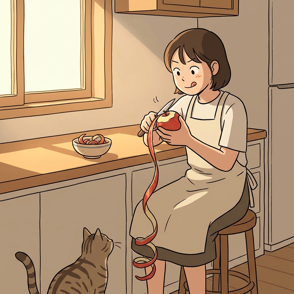 그녀는 사과 껍질을 길게 이어지도록 깎아냈다.