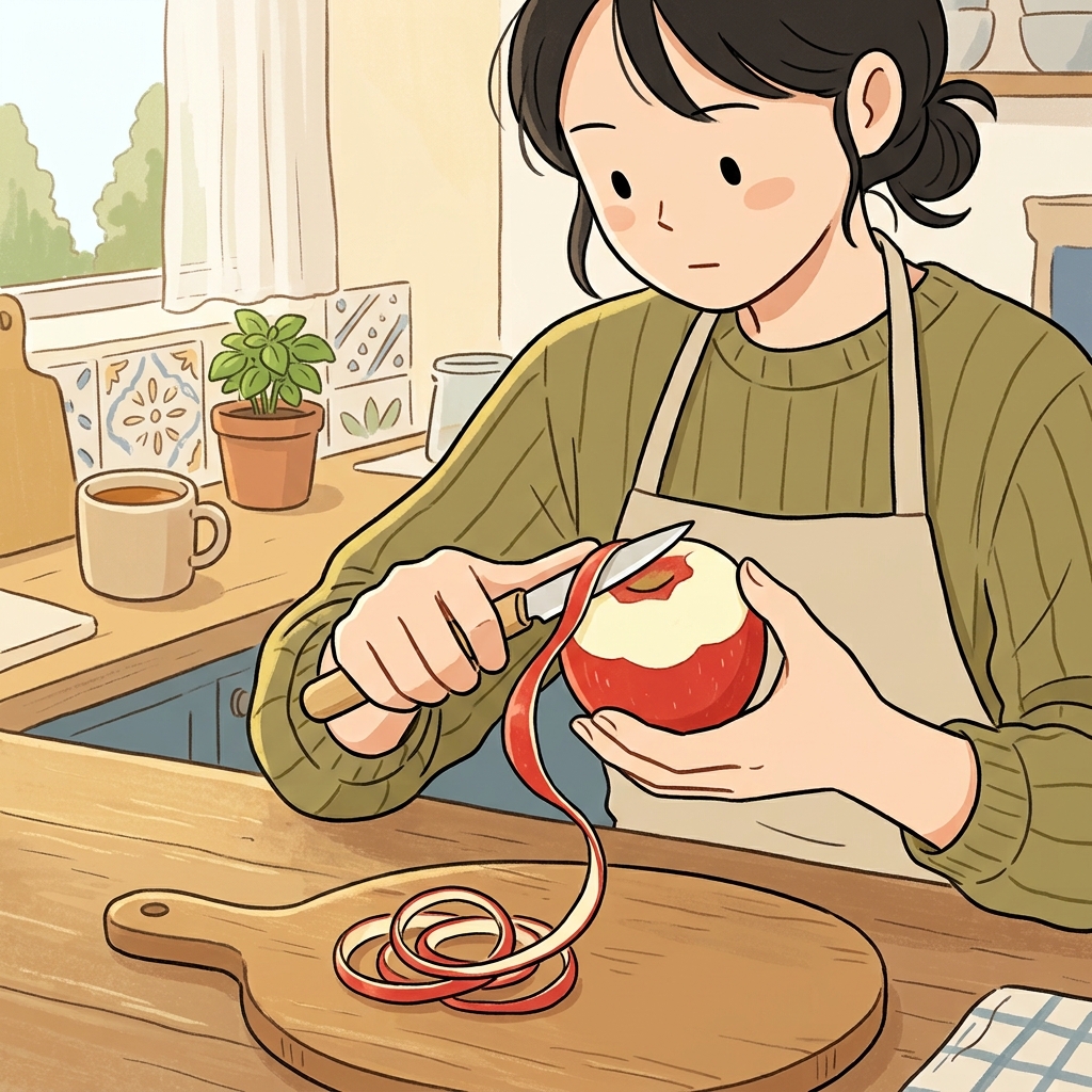 그녀는 사과의 얇은 껍질만 조심스럽게 깎아냈다(paring).