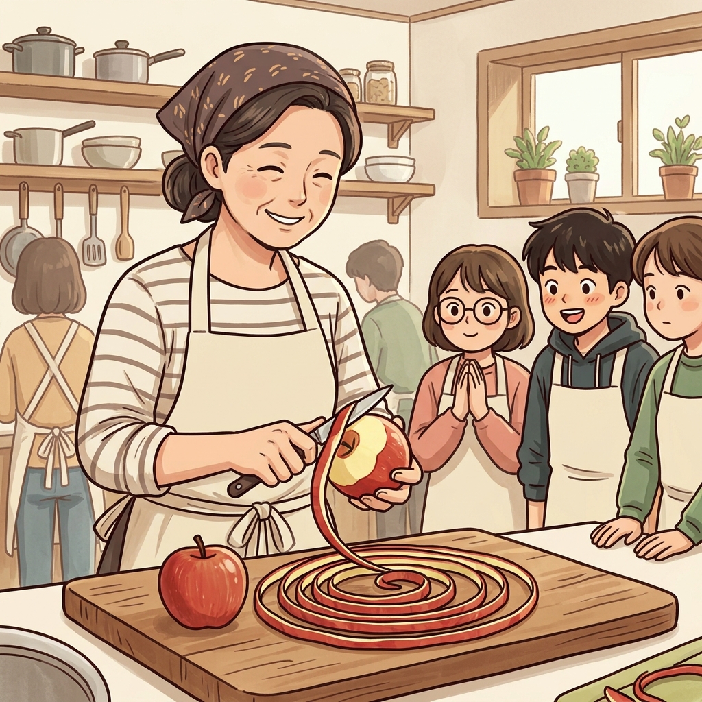 요리사는 사과를 깎자 껍질이 길게 고리(ring)처럼 이어지며 "필 링!(Peel, ring!)"이라고 웃었다.