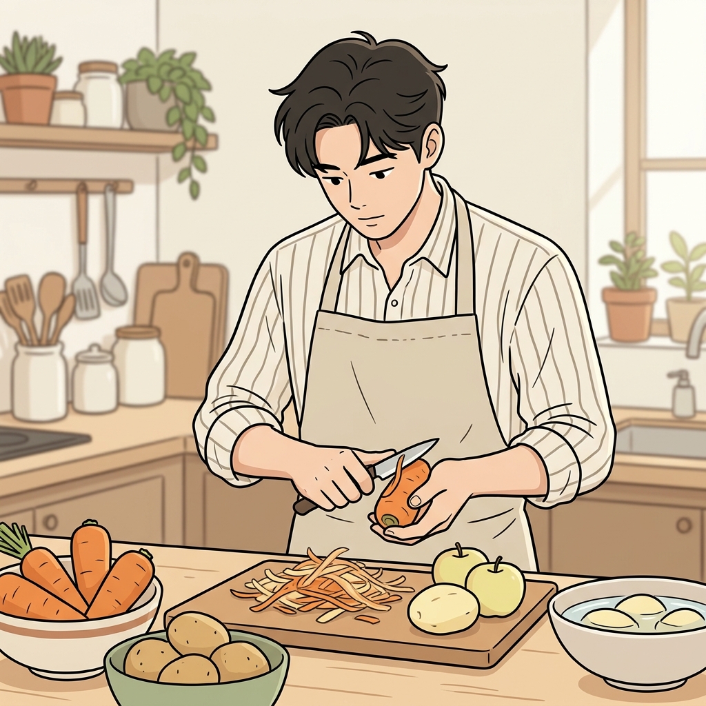요리사는 모든 껍질이 깨끗하게 벗겨질 때까지 채소를 계속 깎았다(paring).