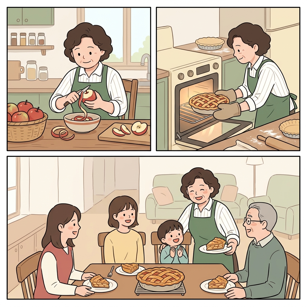 요리사는 사과 껍질을 깎은(paring) 뒤 파이를 준비(preparing)했고, 마지막에는 모두와 함께 나누어 먹었다(sharing).