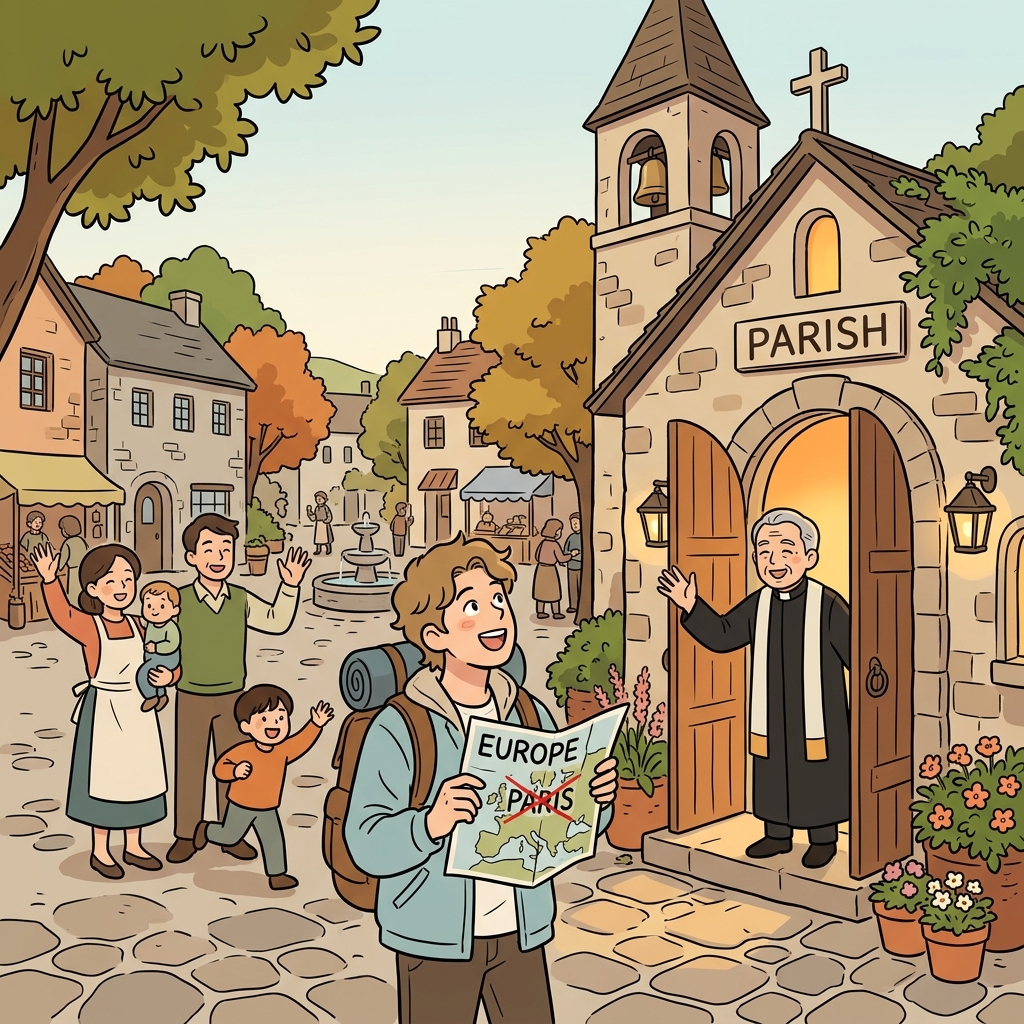 사람들은 "파리?"라고 생각했지만 도착한 곳은 본당 교회였다. ("파리시(Paris)" → 파리처럼 들리지만 교회 본당이다)