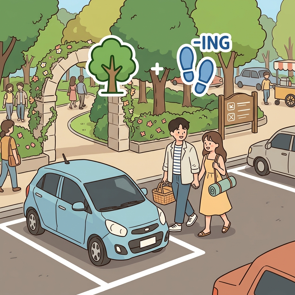 공원에 들어가기 전에 차를 주차하는 것이 바로 parking이다.
