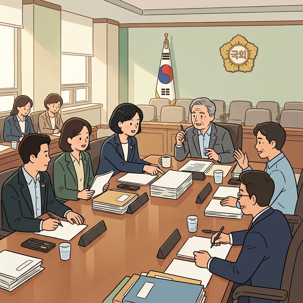 의회 위원회는 새로운 교육 법안을 검토했다. (국회 토론에서 "빨리 말! 빨리 말!"을 외친다.)