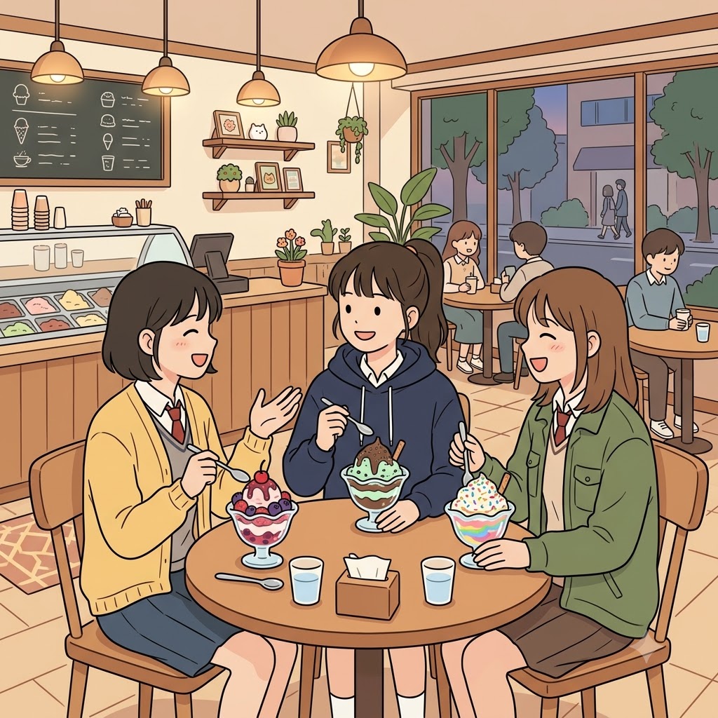 Friends gathered at the ice cream parlor after school every Friday. (Think of familiar expressions: ice cream parlor, beauty parlor, massage parlor)