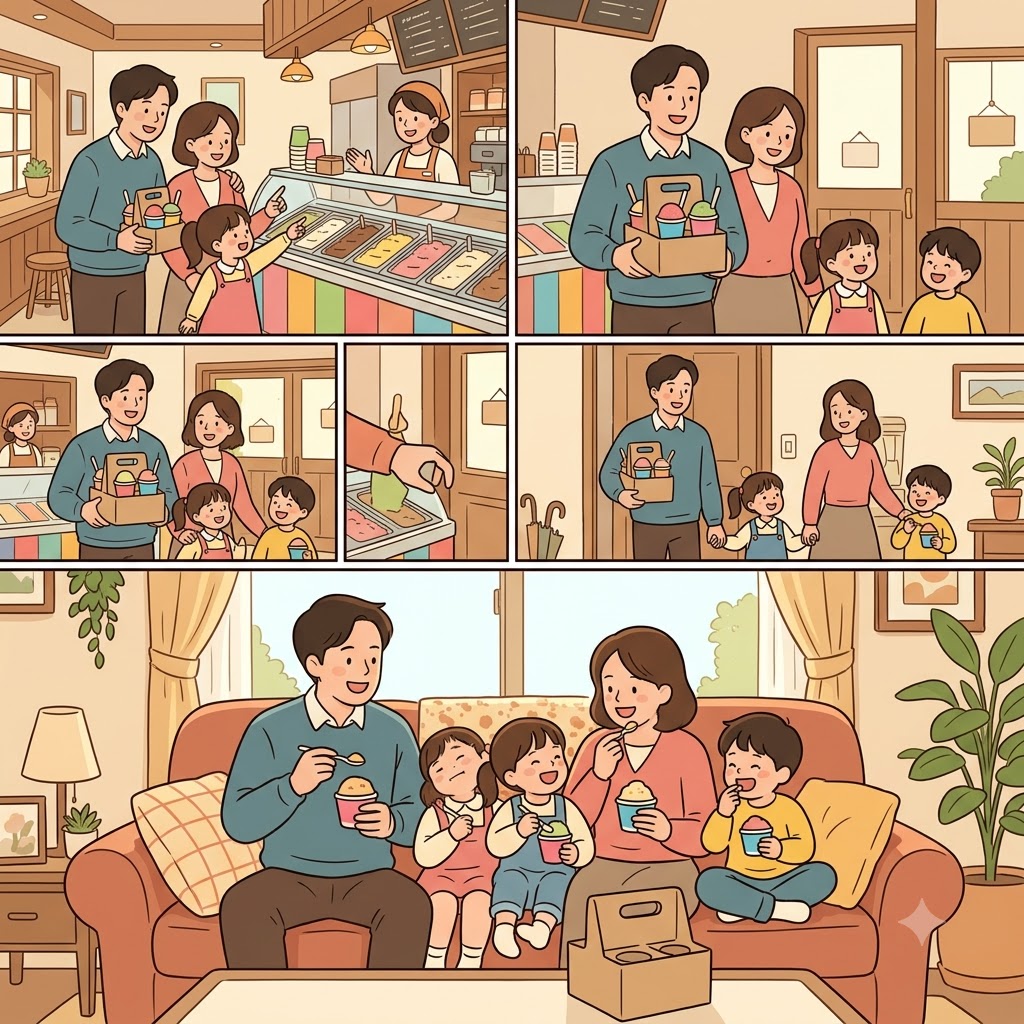 They placed an order at the ice cream parlor and enjoyed it later in the parlor at home.