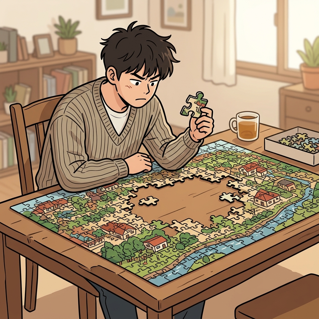 그는 퍼즐을 부분적으로만 완성했다 — 빠진 조각들은 여전히 중요했다. (part(부분) + ly → 전체가 아닌 일부만 해당되는 상태)