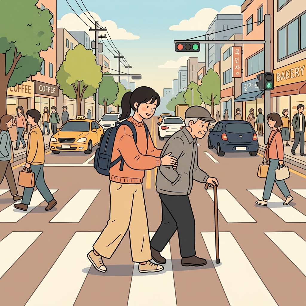 한 행인이 노인이 길을 건너는 것을 도와주었다.