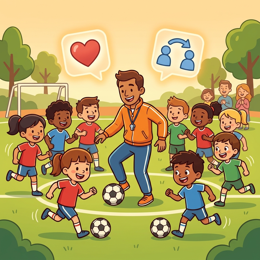 코치는 축구에 매우 열정적이어서 아이들도 신나게 축구를 하기 시작했다.