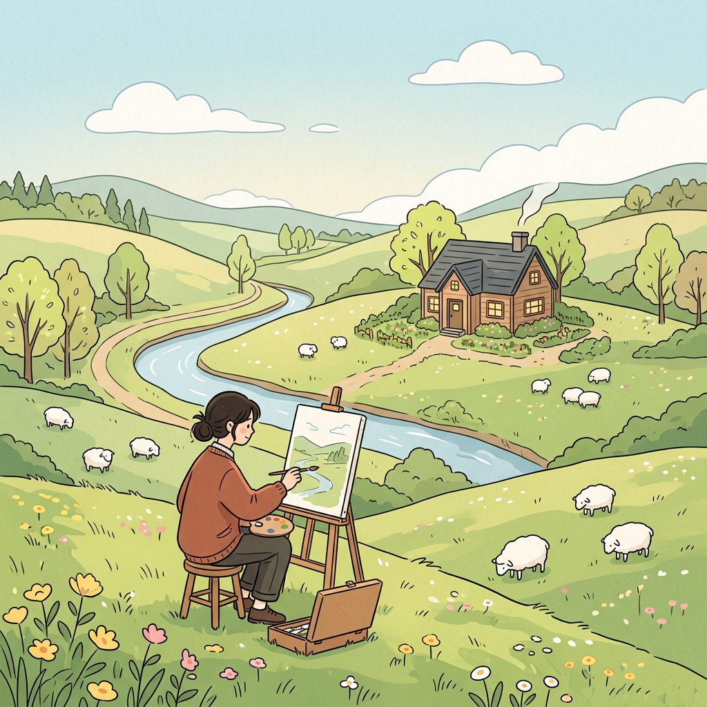 The artist painted a peaceful pastoral landscape.