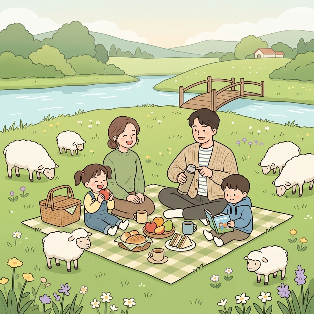 그들은 조용한 강가에서 목가적인 소풍을 즐겼다. (Pasture(목초지)가 펼쳐진 풍경. → 목가적인, 전원의)