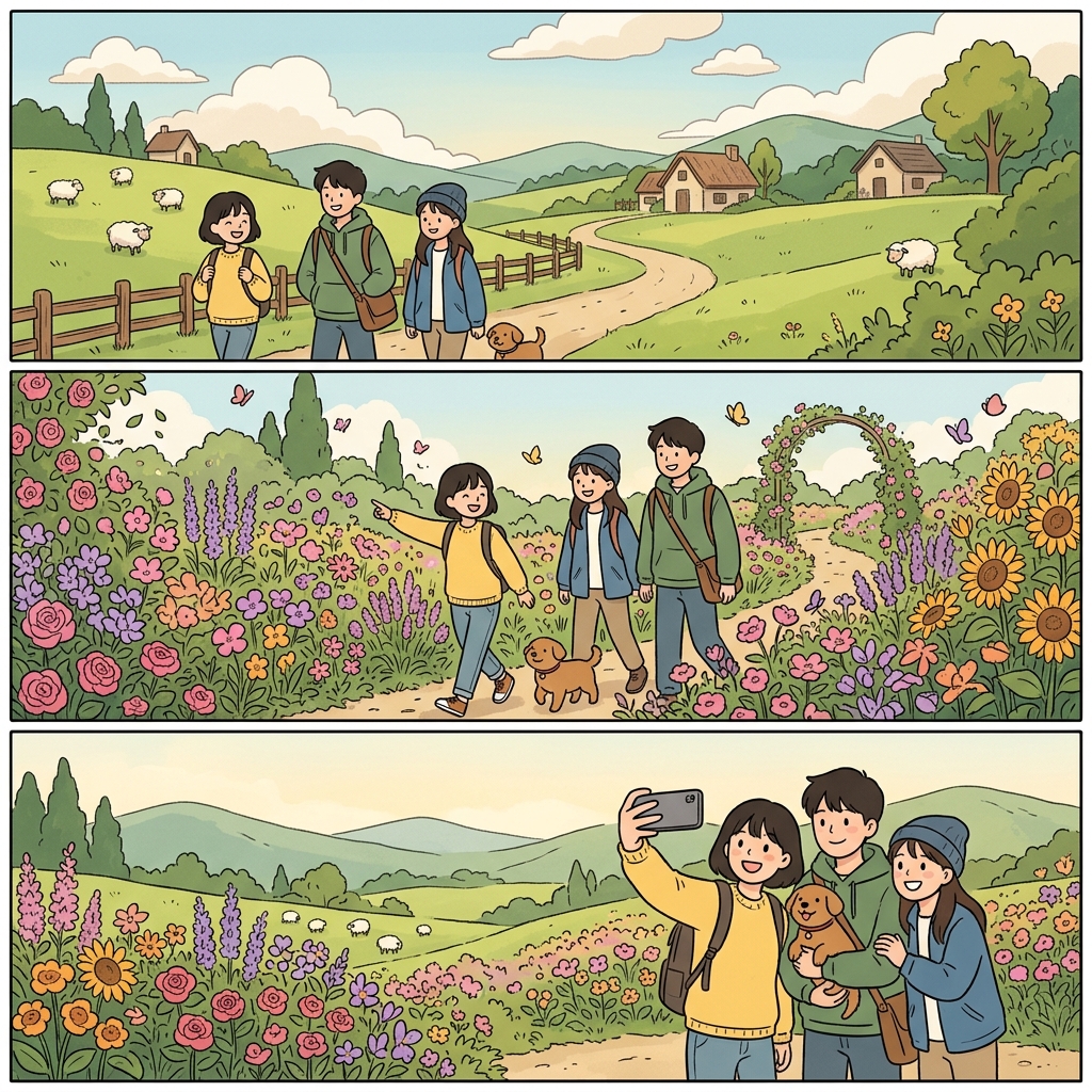 The pastoral valley bloomed with floral beauty, creating a memorable day.