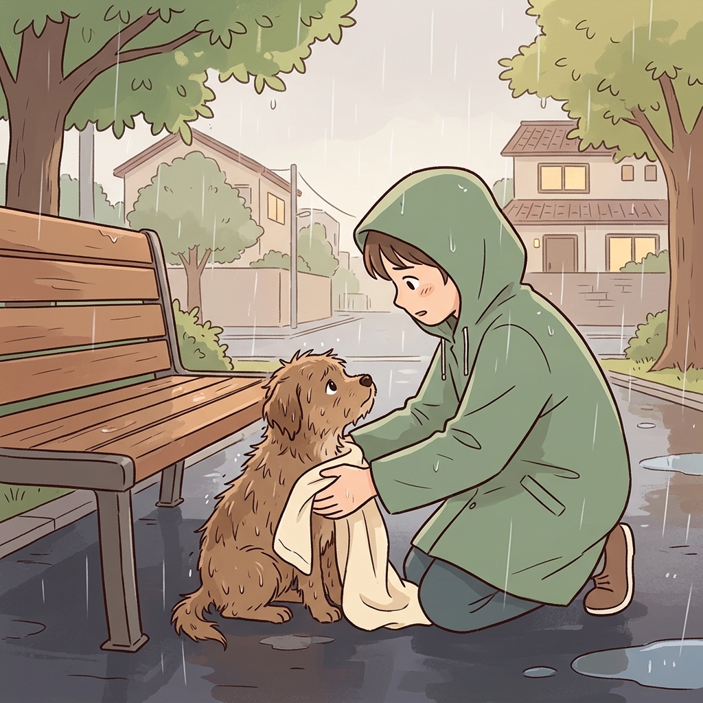 불쌍한 강아지는 빗속에서 홀로 떨다가 누군가에게 구조되었다. ("패다..." → 맞아 쓰러진 듯 불쌍해 보여 안타깝다)