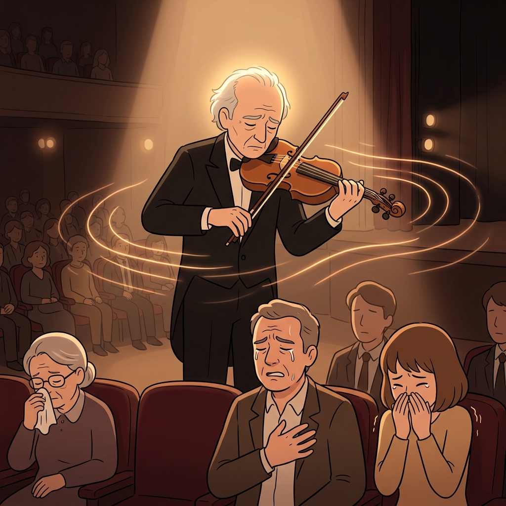 The old violinist's solo filled the hall with pathos, moving strangers to tears.