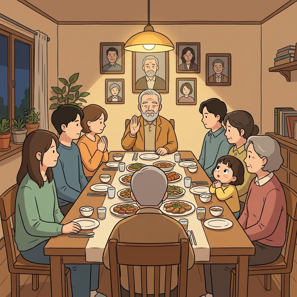 The old patriarch sits at the head of the table, blessing three generations at dinner.