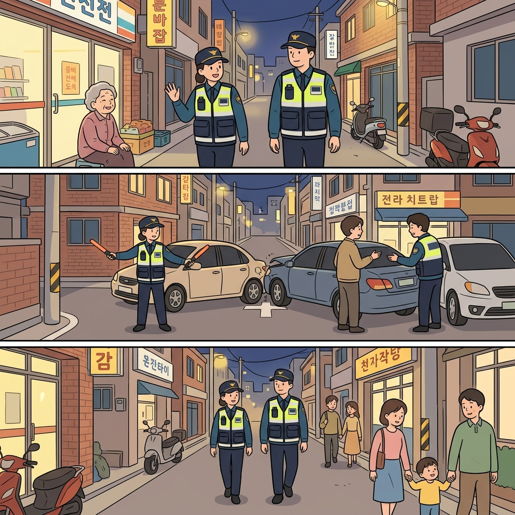 경찰관들은 거리를 순찰하며 질서를 유지했고, 동네를 안전하게 지켰다.