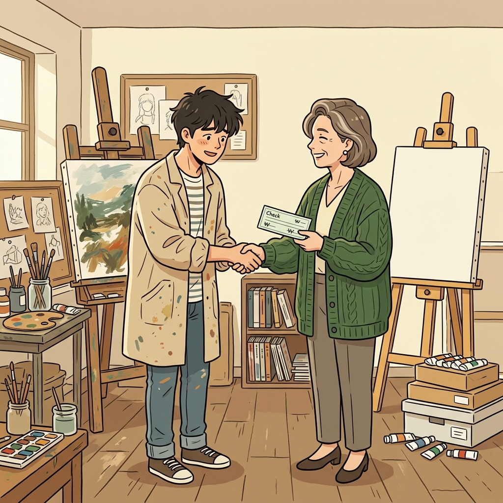 그 예술가는 한 부유한 가문의 후원 덕분에 성공했다. ("패트론(Patron)이 후원!")