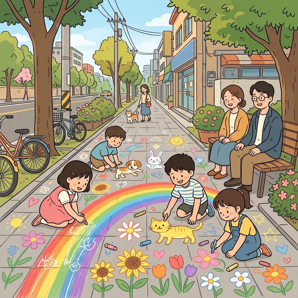 아이들은 보도 위에 분필로 알록달록한 그림을 그렸다.