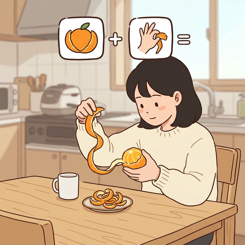 The orange peeled easily because it was fully ripe. (🍊 Skin + ✋ Remove → Peel)
