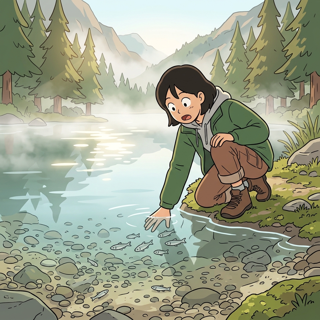 The pellucid mountain lake reveals every stone resting on its sandy bottom.