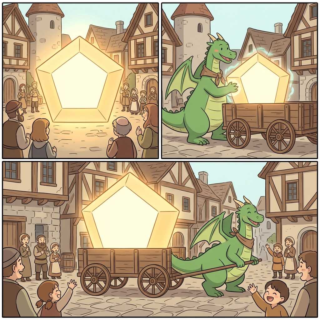 용은 거대한 오각형을 실은 마차를 끌고 갔다.