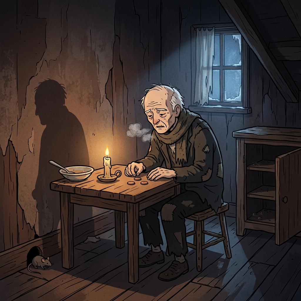 Living in penury, the old man counts his last coins by candlelight.