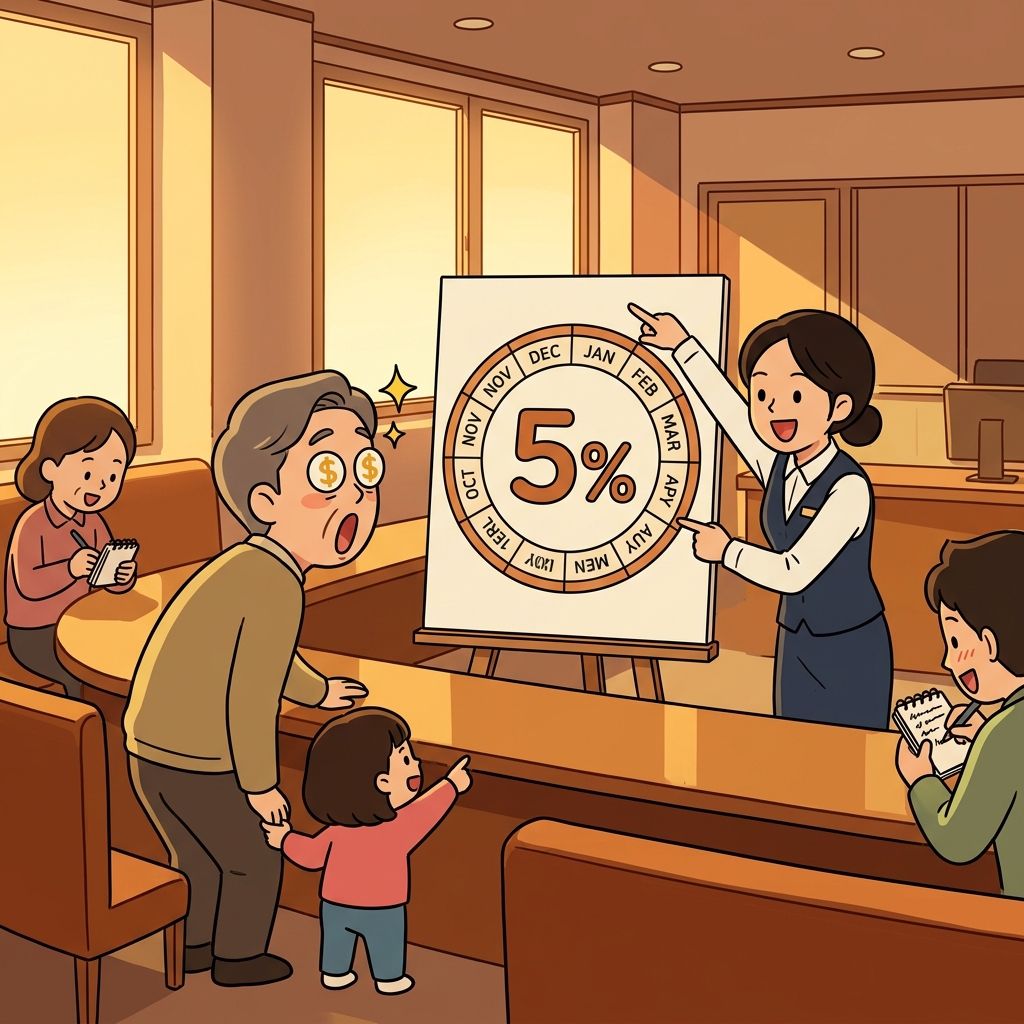 은행이 새 적금 상품에 연 5% 이자를 내걸었다.