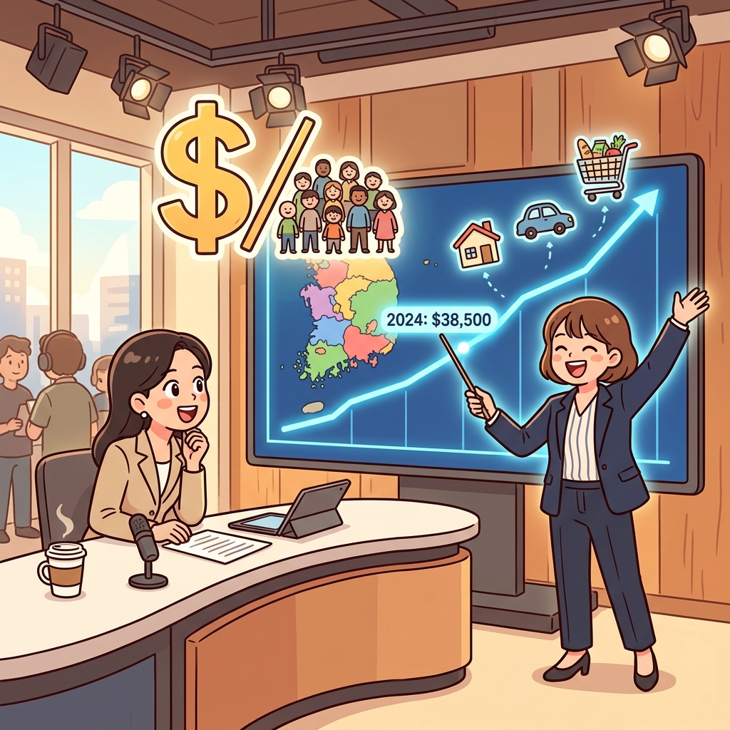 경제학자가 1인당 소득이 오른다는 그래프를 가리킨다.