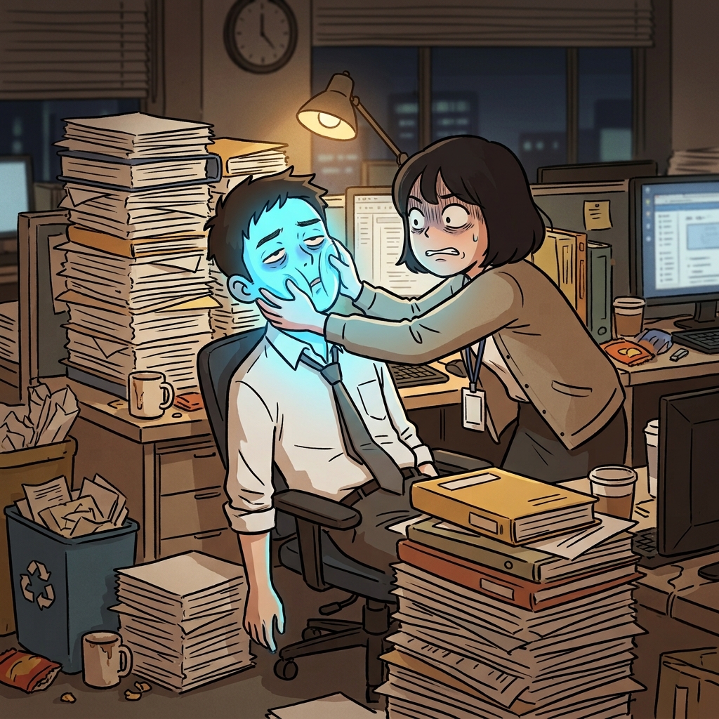 끝없는 업무 더미를 본 동료는, 끊임없는 야근 때문에 "퍼래! 니 얼굴!"이라고 소리치며 직원의 얼굴을 양손으로 꽉 부여잡았다.