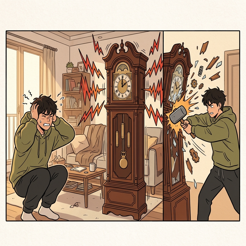 The exhausted millennial swung a heavy hammer to smash the centennial clock and permanently stop its perennial ticking.