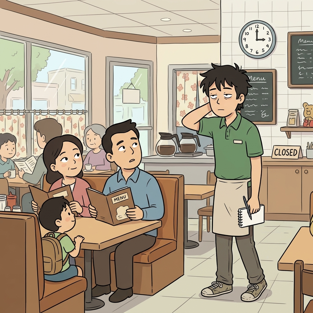 The waiter gave a perfunctory nod without even glancing at the customers.