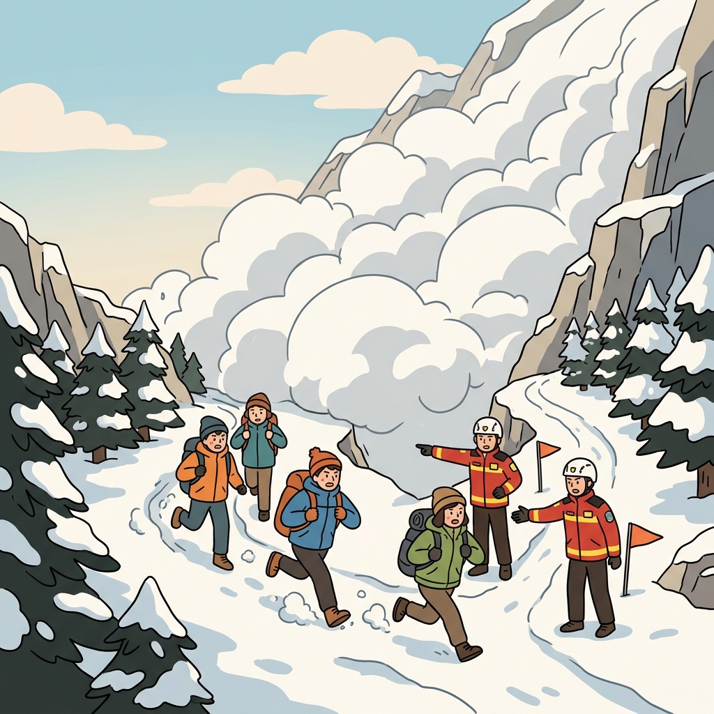The hikers crossed a perilous mountain trail during the sudden avalanche.