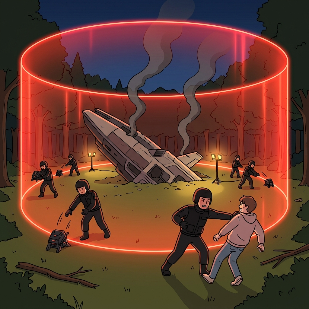 The security team quickly established a glowing red perimeter around the crashed spaceship.