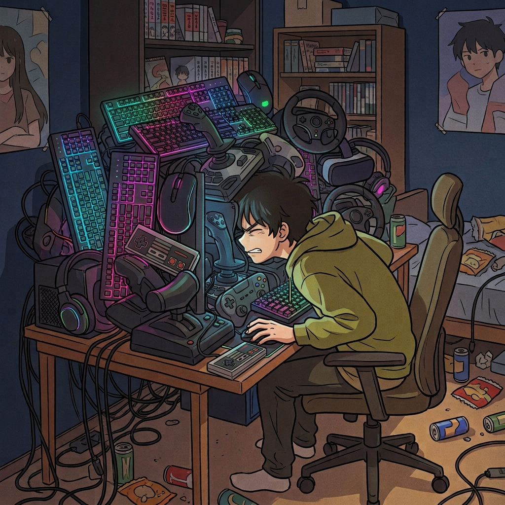 The obsessed gamer bought so many glowing peripheral devices that his main monitor was completely blocked.