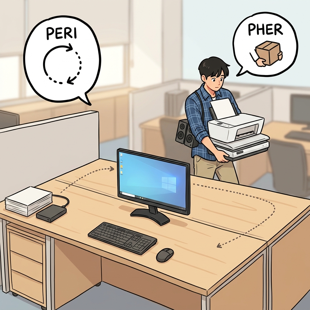 PERI(around) + PHER(carry) — a peripheral device is simply carried and placed around the main computer.