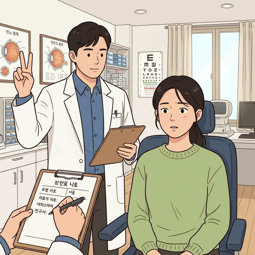 During the general checkup, the doctor wrote a referral for her failing peripheral vision.