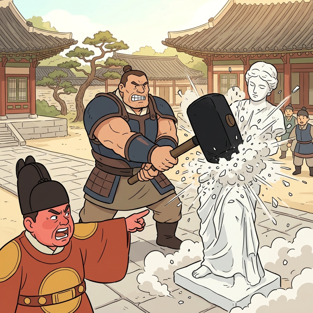 화가 난 왕은 "저 동상을 완전히 패 버리슈!"라고 소리쳤고, 거인 호위무사는 망치를 거칠게 휘둘러 그것을 완전히 소멸시켰다(산산조각 냈다). (페리쉬 → "패(pe) 버리슈(rish)")
