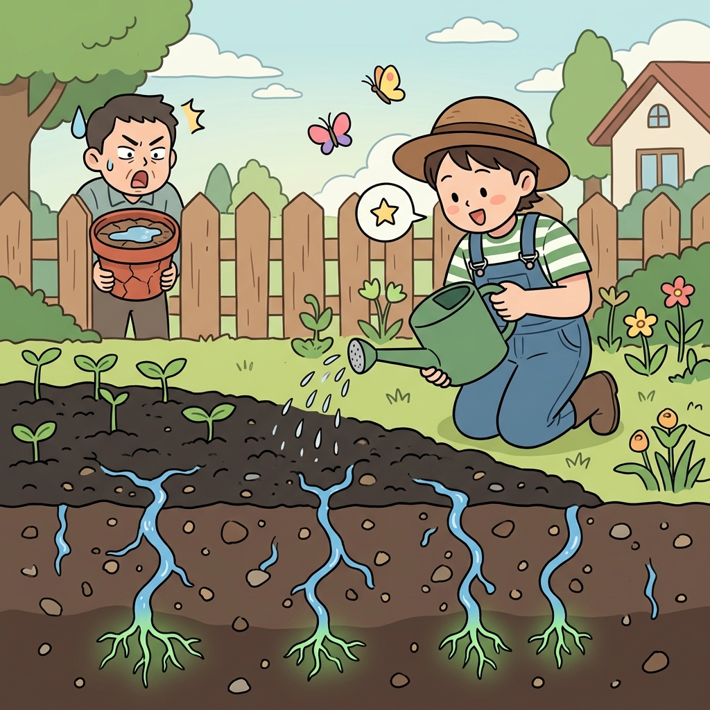 The permeable soil lets rainwater soak straight down to the roots.