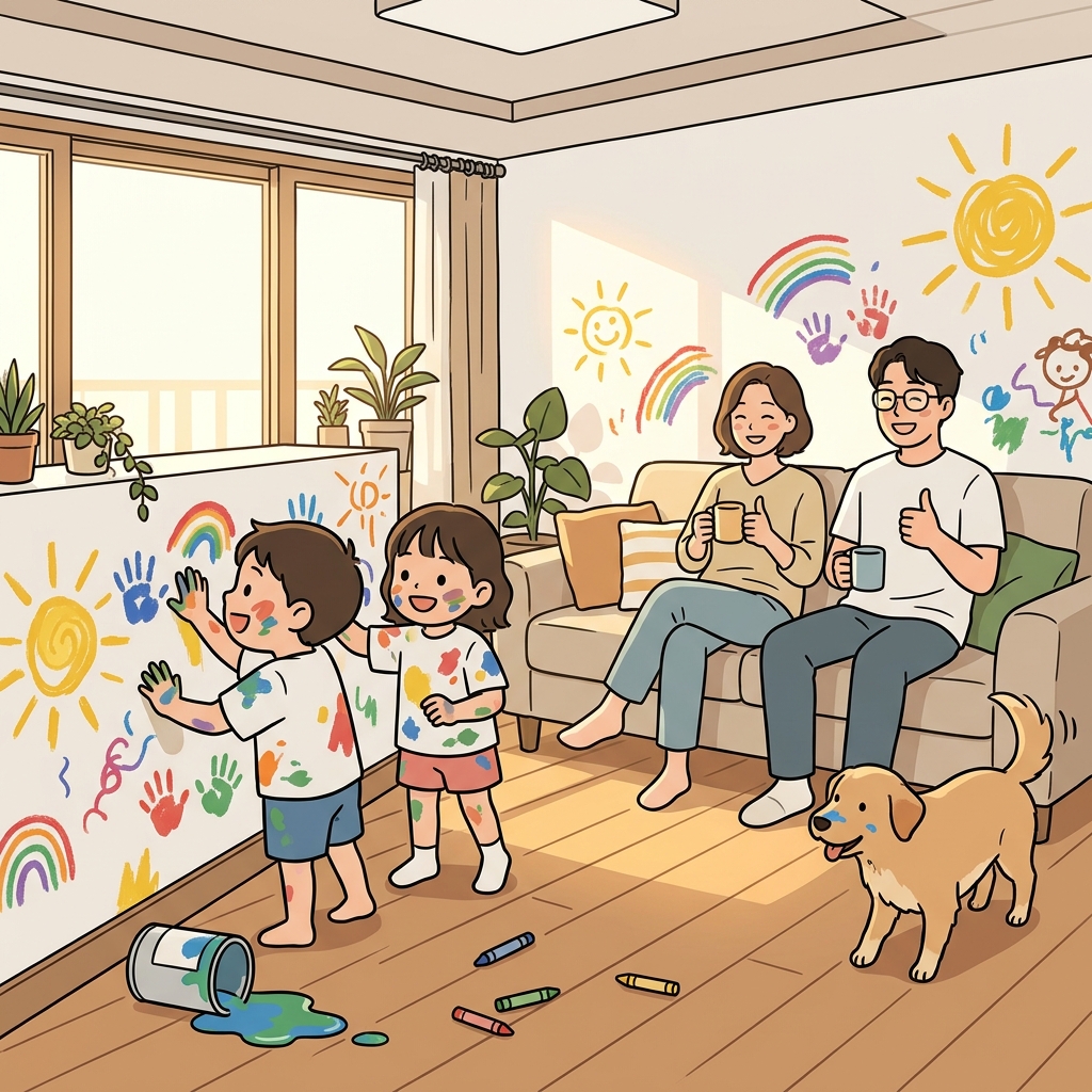 부모님이 너무 허용적이라 애들이 거실 벽에 마음껏 그림을 그린다.