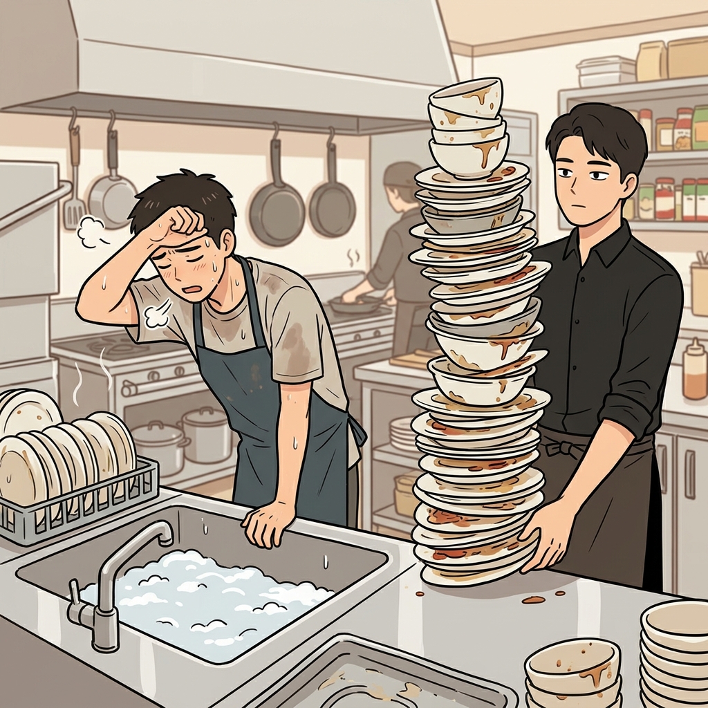 The exhausted dishwasher sighed as the waiter dumped yet another massive tower of plates, trapping him in a perpetual cycle of cleaning.