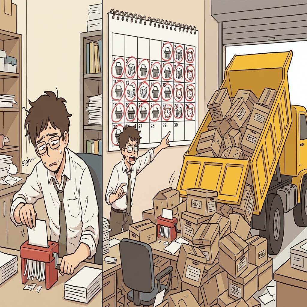 The exhausting manual shredding of the massive annual reports felt like a perpetual punishment that would never end.