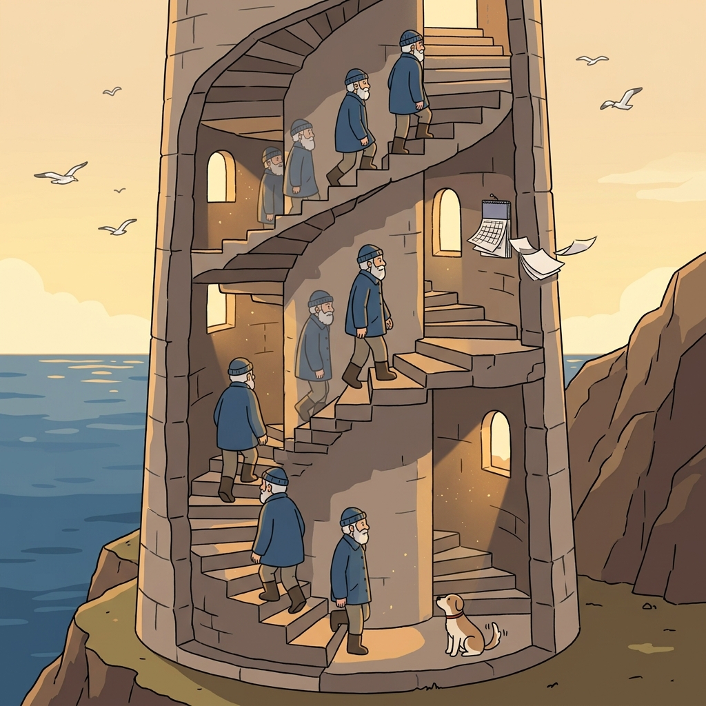 The old lighthouse keeper perpetually climbs the spiral stairs, day after day, year after year.