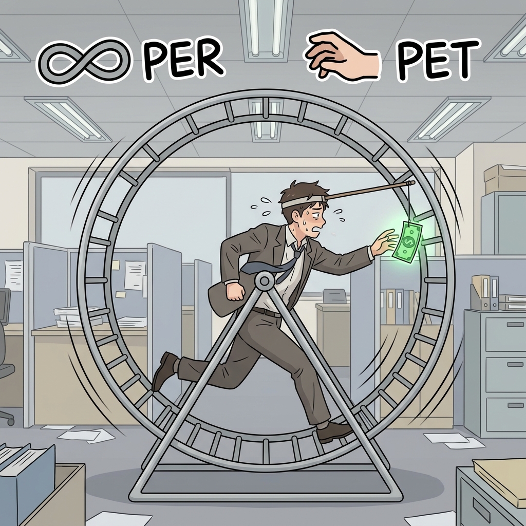 PER(throughout) + PET(seek) — the worker perpetually runs after money he can never catch.