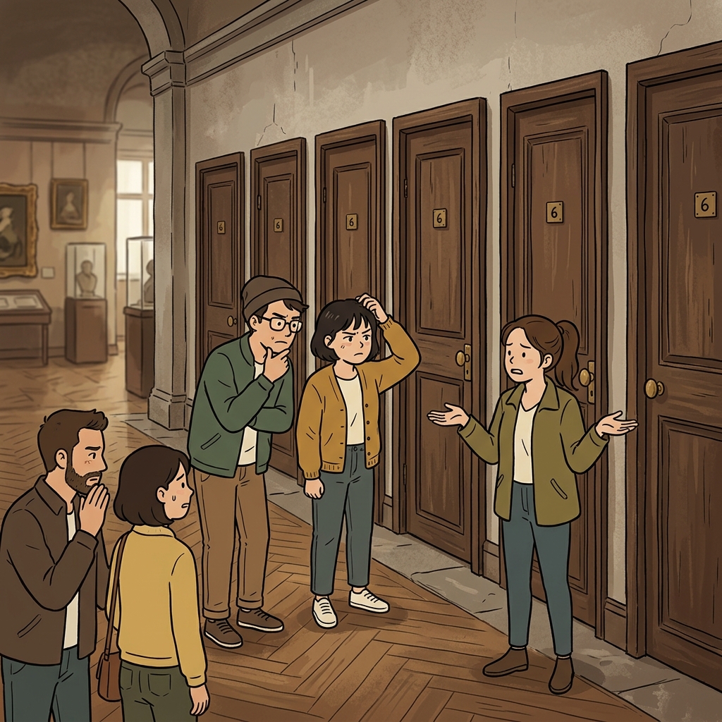 Six identical doors perplexed the visitors.