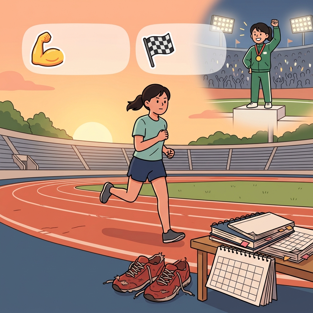 The young runner persevered for years and became a champion. (💪 Never Give Up + 🏁 Keep Going → Persevere)
