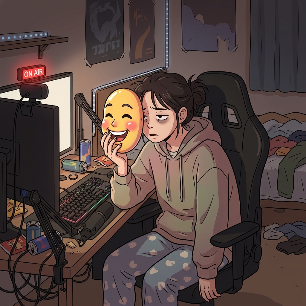 지친 스트리머는 자신의 활기찬 온라인 페르소나(보여지는 이미지)를 유지하기 위해 카메라를 향해 밝게 웃는 플라스틱 가면을 들어 올렸다.